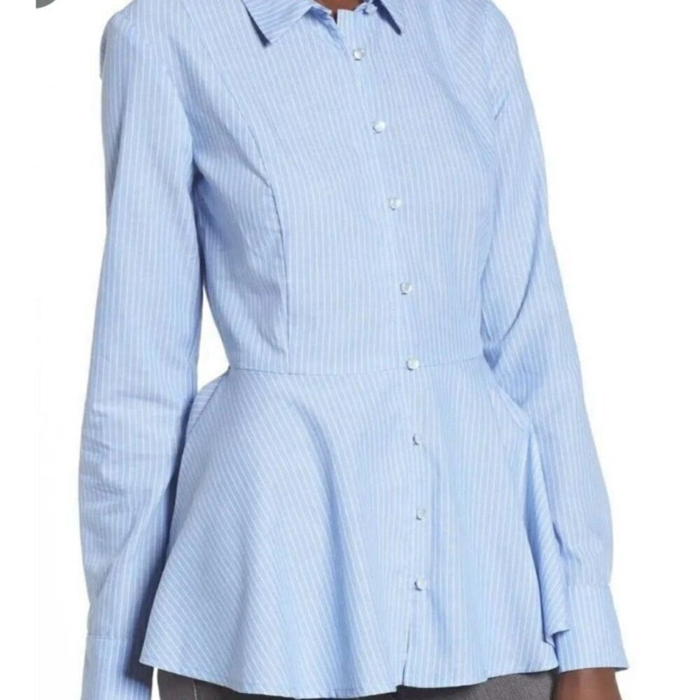 Chloe & Katie Shirt Womens S Blue Pleated Cotton Peplum Hem Collared